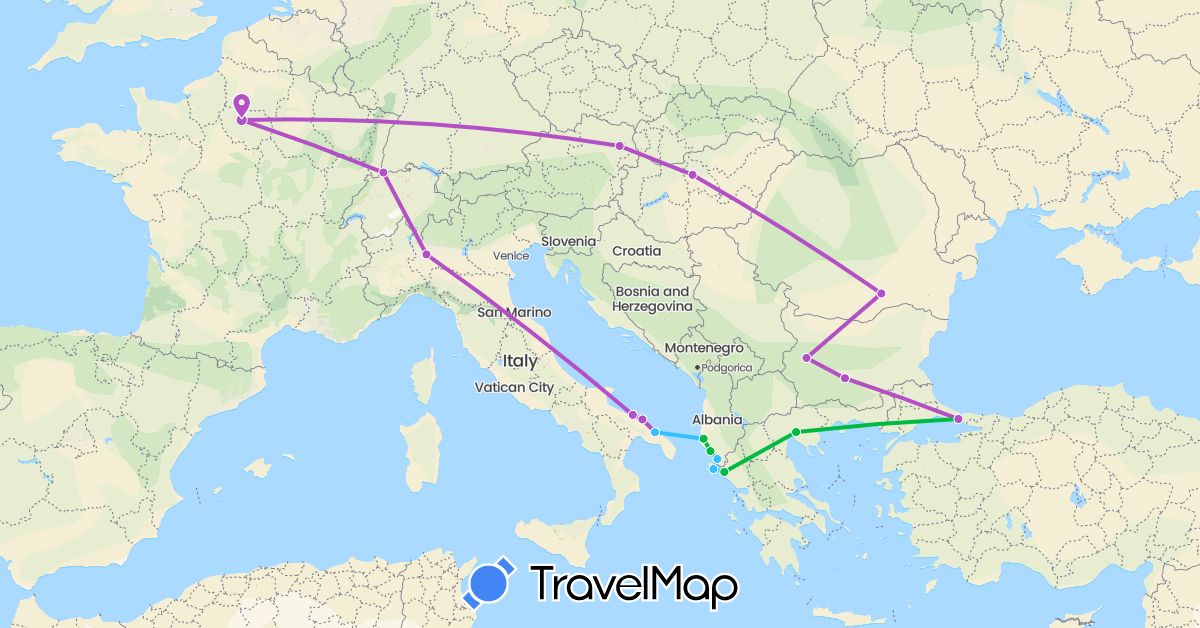 TravelMap itinerary: driving, bus, train, boat in Albania, Austria, Bulgaria, Switzerland, France, Greece, Hungary, Italy, Romania, Turkey (Asia, Europe)